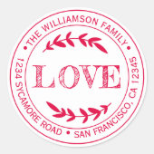 Rustieke moderne kerst liefde retouradres rood ronde sticker (Voorkant)