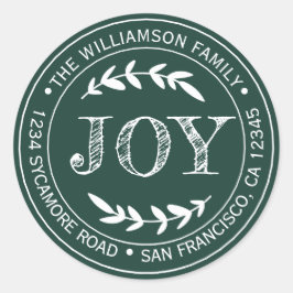 Rustieke moderne kerstvreugde retouradres groen ronde sticker