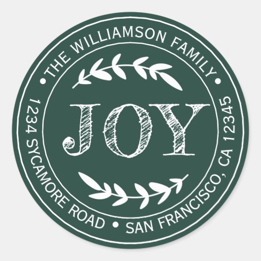 Rustieke moderne kerstvreugde retouradres groen ronde sticker (Voorkant)