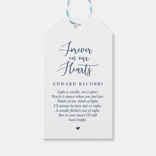 Rustieke moderne marine blauw, begrafenisdienst cadeaulabel (Voorkant)