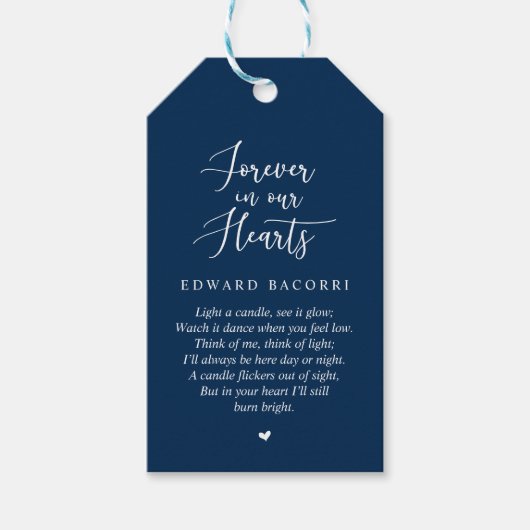 Rustieke moderne marine blauw, begrafenisdienst cadeaulabel (Voorkant)