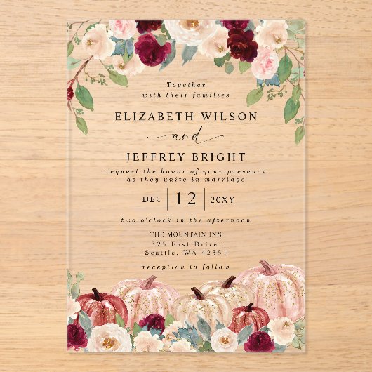 Rustieke Moderne Pompoenen Country Fall Bruiloft Acryl Uitnodigingen (Voorkant)