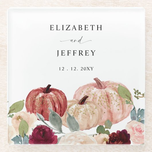 Rustieke Moderne Pompoenen Country Fall Bruiloft Glazen Onderzetter (Voorkant)