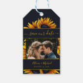 Rustieke moderne zonnebloemen bruiloft foto opslaa cadeaulabel (Voorkant)
