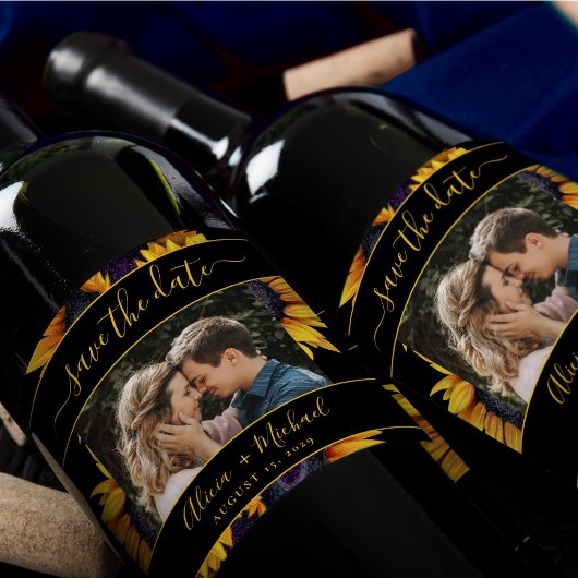 Rustieke moderne zonnebloemen bruiloft foto opslaa wijn etiket