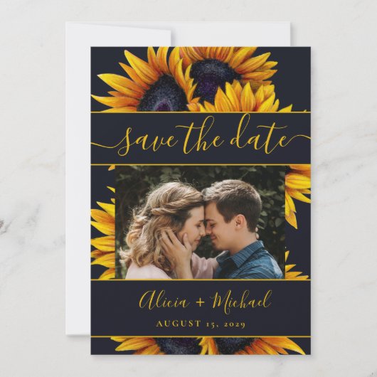 Rustieke moderne zonnebloemen chique script trouwf save the date (Voorkant)