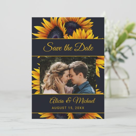 Rustieke moderne zonnebloemen elegante trouwfoto save the date (Staand voorkant)