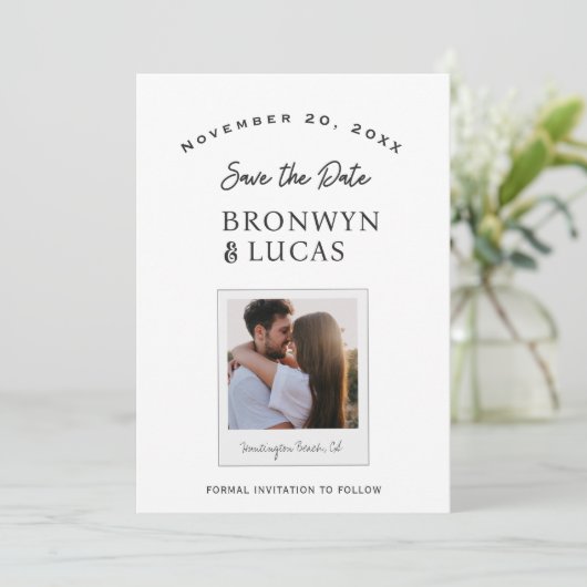 Rustieke moderne zwart-witte polaroidfoto save the date (Staand voorkant)