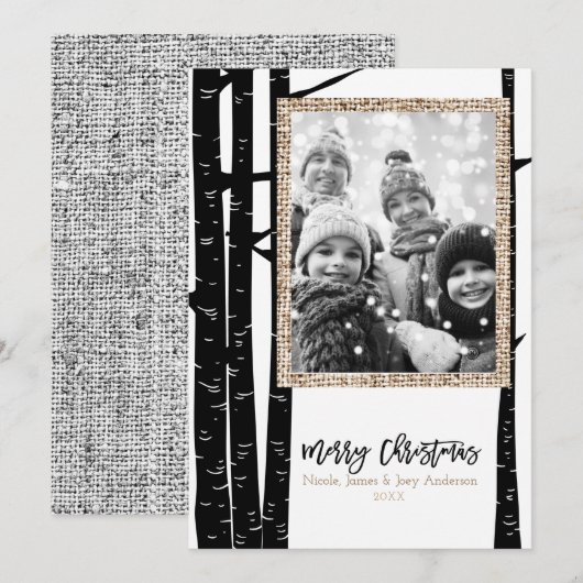 Rustieke moderne zwarte berk & burlap vakantiefoto feestdagenkaart (Voorkant / Achterkant)
