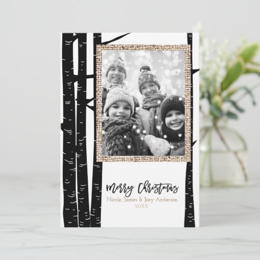 Rustieke moderne zwarte berken- en jute kerstfoto feestdagenkaart (Staand voorkant)