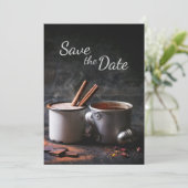 Rustieke mok thee en warme chocolade save the date kaart (Staand voorkant)