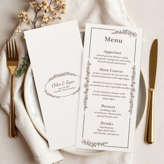 Rustieke monochrome bloemenbruiloft menu
