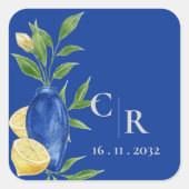 Rustieke  Monogram Blauw Geel Lemon Wedding Vierkante Sticker (Voorkant)