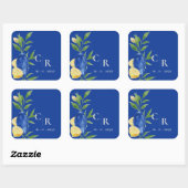 Rustieke  Monogram Blauw Geel Lemon Wedding Vierkante Sticker (Vel)