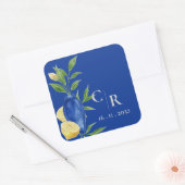 Rustieke Monogram Blauw Geel Lemon Wedding Vierkante Sticker (Envelop)