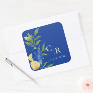 Rustieke Monogram Blauw Geel Lemon Wedding Vierkante Sticker