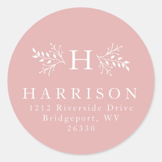 Rustieke monogram blush roze retour adres sticke ronde sticker (Voorkant)