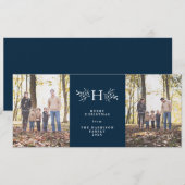 Rustieke monogram donkerblauwe kerstkaart met twee (Voorkant / Achterkant)