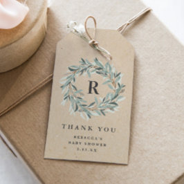 Rustieke monogram groenboeket baby shower cadeaulabel