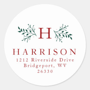 Rustieke monogram Kerst terugkeeradres Ronde Sticker
