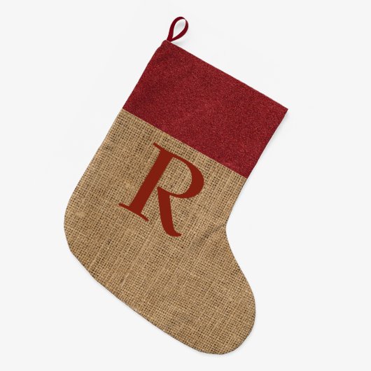 Rustieke monogram Kerstsok Rode Nep Burlap (Voorkant (Hangend))