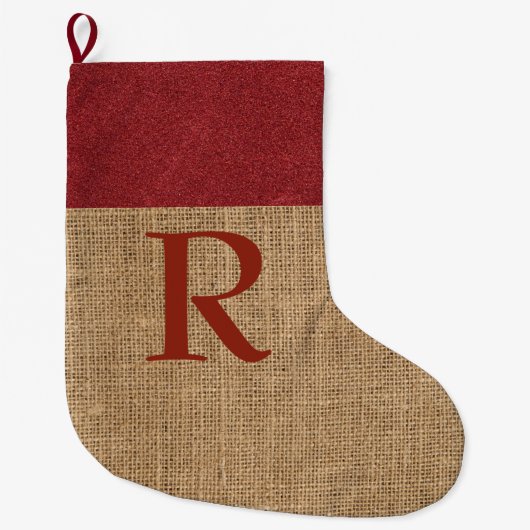 Rustieke monogram Kerstsok Rode Nep Burlap (Voorkant)