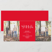 Rustieke monogram rode kerstkaart met twee foto's (Voorkant / Achterkant)