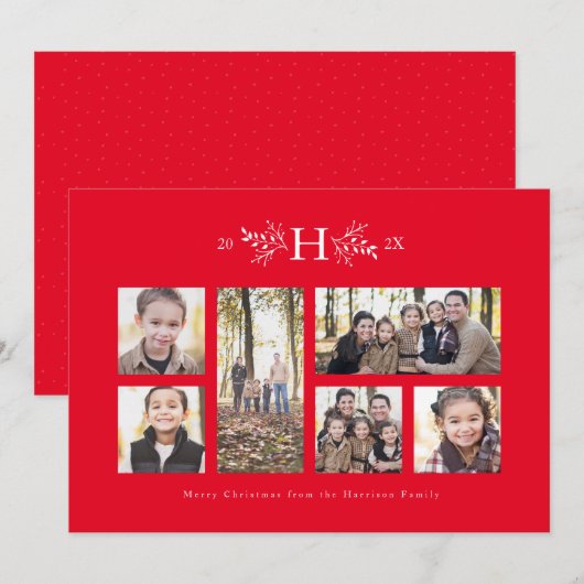Rustieke monogram rode vakantie foto collage kaart (Voorkant / Achterkant)