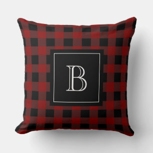 Rustieke Monogram Rode Zwarte Buffalo Geruite Plai Kussen