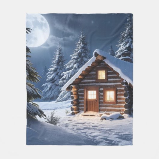 Rustieke Moonlight Gezellige Winter Cabin Fleece Deken (Voorkant)