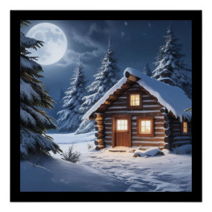 Rustieke Moonlight Gezellige Winter Cabin Perfect Poster