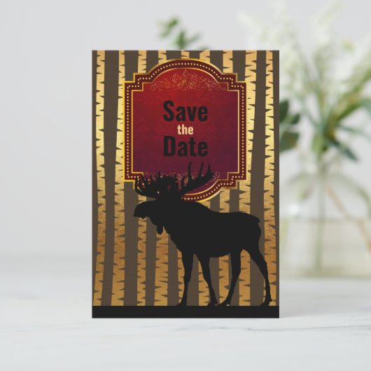 Rustieke Moose en Golden Aspen Bomen Bruiloft Save The Date (Staand voorkant)