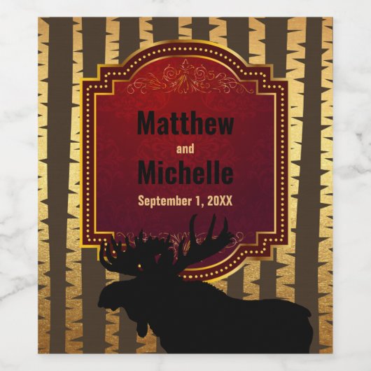 Rustieke Moose en Golden Aspen Bomen Bruiloft Wijn Etiket (Enkel label)