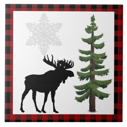 Rustieke Moose Pine Tree Rood geruite decoratief Tegeltje (Voorkant)