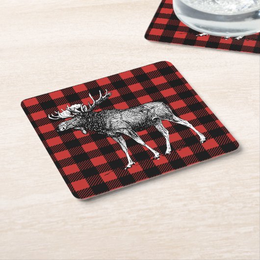 Rustieke Moose Red & Black Buffalo Check geruit Kartonnen Onderzetters (Schuin)