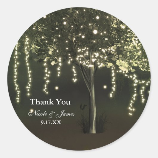 Rustieke Mossy verlichte boom bruiloft gunst Stick Ronde Sticker (Voorkant)