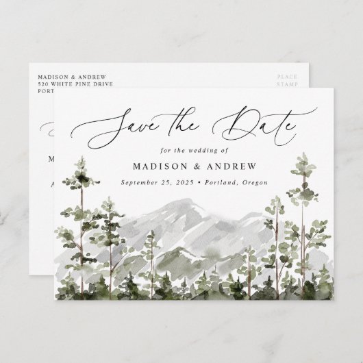 Rustieke Mountain Evergreen Forest Save the Date Aankondigingskaart (Voorkant / Achterkant)
