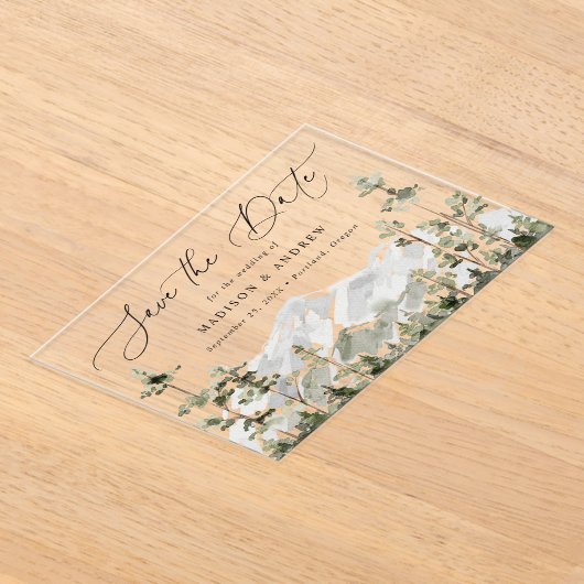 Rustieke Mountain Evergreen Forest Save the Date Acryl Uitnodigingen (Laagn)