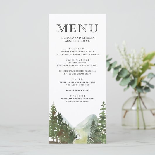 Rustieke Mountain Forest Bomen Bruiloft Menu (Staand voorkant)