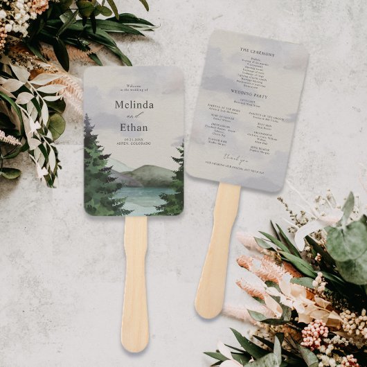 Rustieke Mountain & Lake Evergreen huwelijksprogra Handwaaier