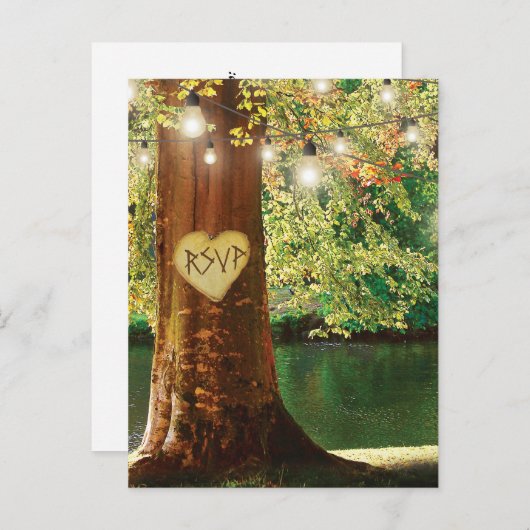 Rustieke Mountain Lake Twinkle Lights Bruiloft RSV Uitnodiging Briefkaart (Voorkant / Achterkant)