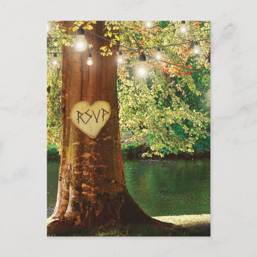 Rustieke Mountain Lake Twinkle Lights Bruiloft RSV Uitnodiging Briefkaart (Voorkant)