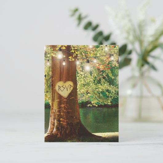 Rustieke Mountain Lake Twinkle Lights Bruiloft RSV Uitnodiging Briefkaart (Staand voorkant)