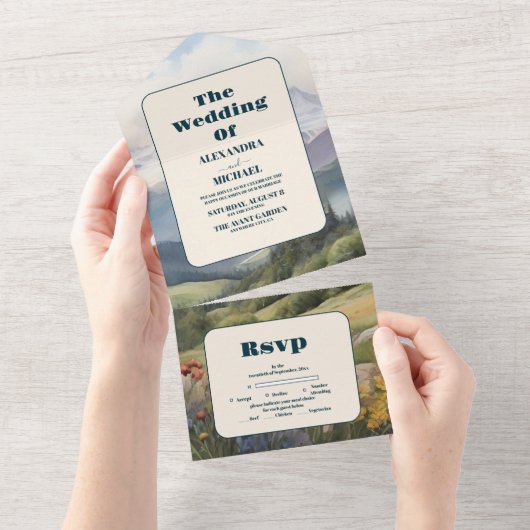 Rustieke Mountain Meadow Bruiloft All In One Uitnodiging (Afscheurbaar)