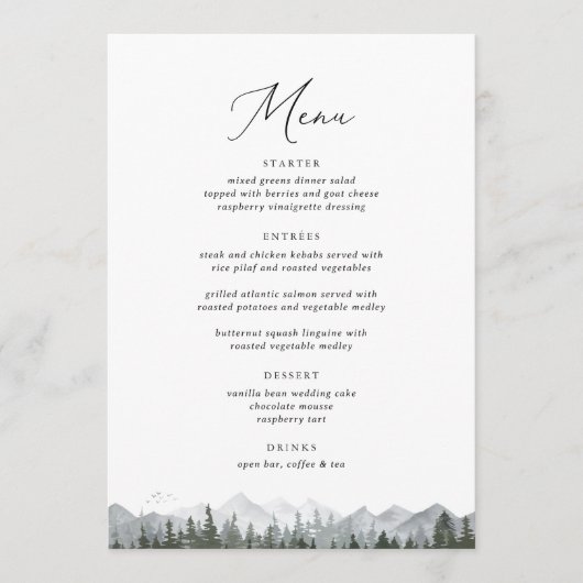 Rustieke Mountain Pine Tree 5 x 7 Bruiloft Menu (Voorkant)