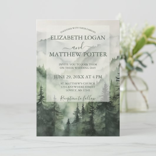 Rustieke Mountain Pine Tree Bos Bruiloft Kaart (Staand voorkant)