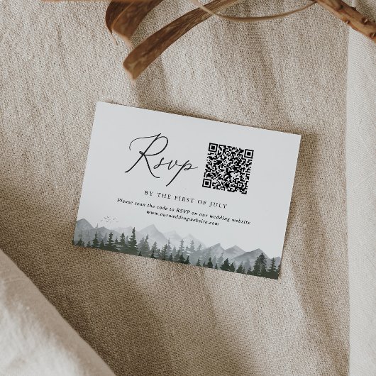 Rustieke Mountain Pine Tree Bruiloft QR-code RSVP Kaartje