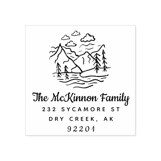 Rustieke Mountain Pine Tree familie retour adres Rubberstempel (Afrduk)