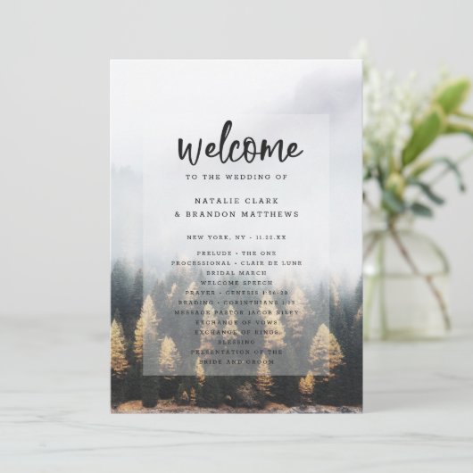 Rustieke Mountain Pine Trees Fall huwelijksceremon Programmakaart