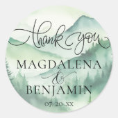 Rustieke Mountain Pine Trees Kalligrafie Dank u Ronde Sticker (Voorkant)